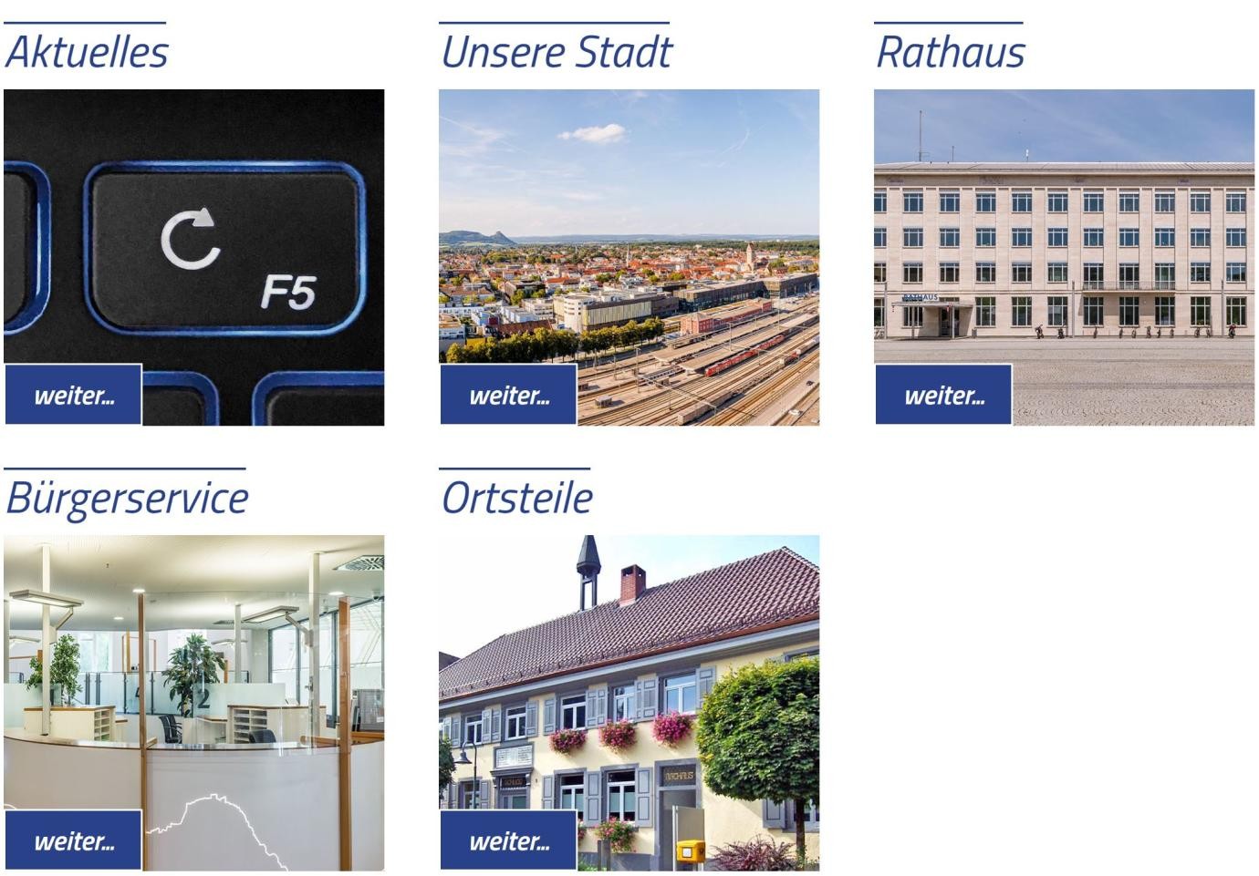 Boxen mit Bilder und Titel der Übersichts-Seiten