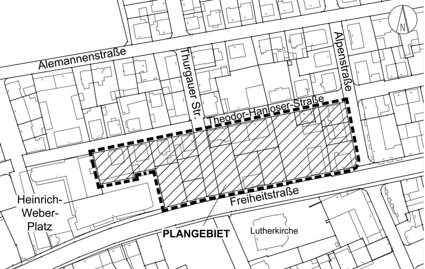 Plan zum Aufstellungsbeschluss „Freiheitstraße/Theodor-Hanloser-Straße“.