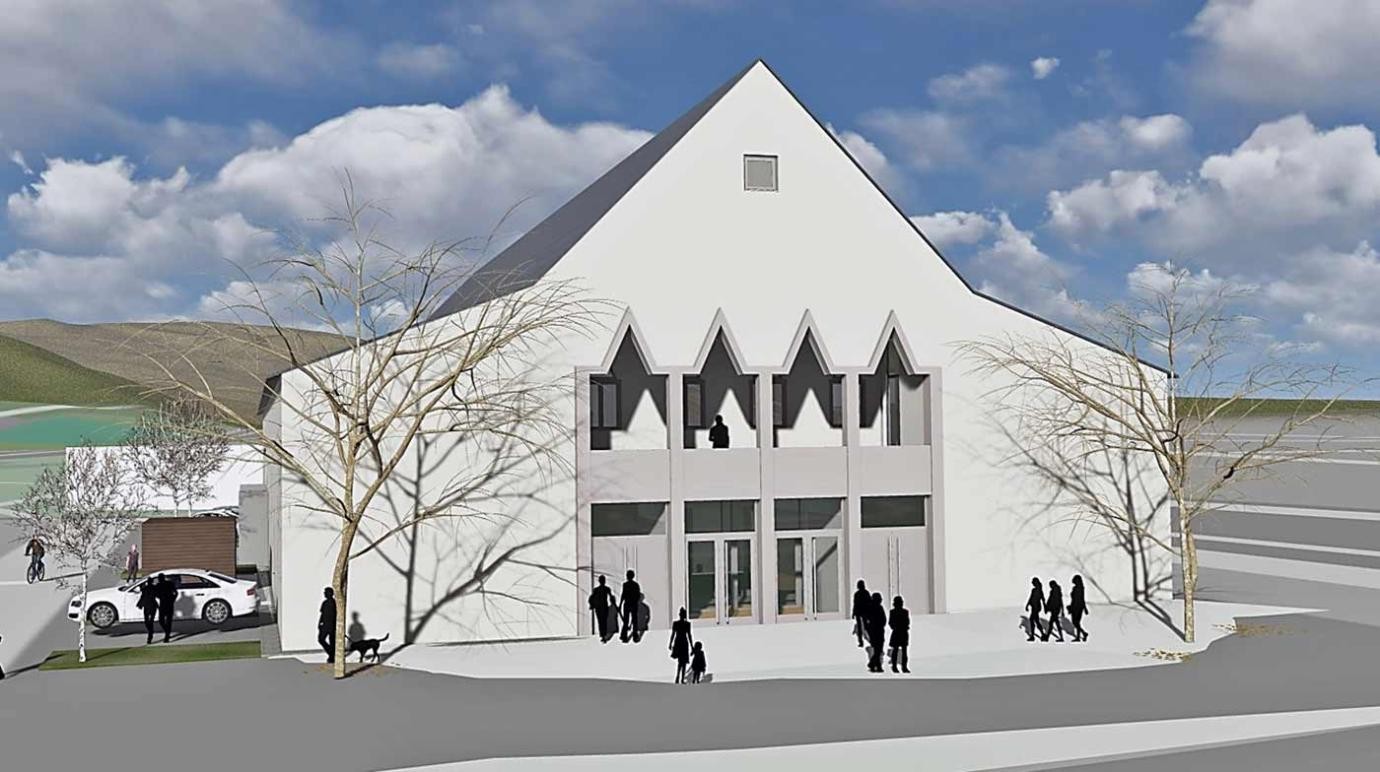 Plandarstellung der neuen Scheffelhalle: Ansicht Giebel mit Loggia