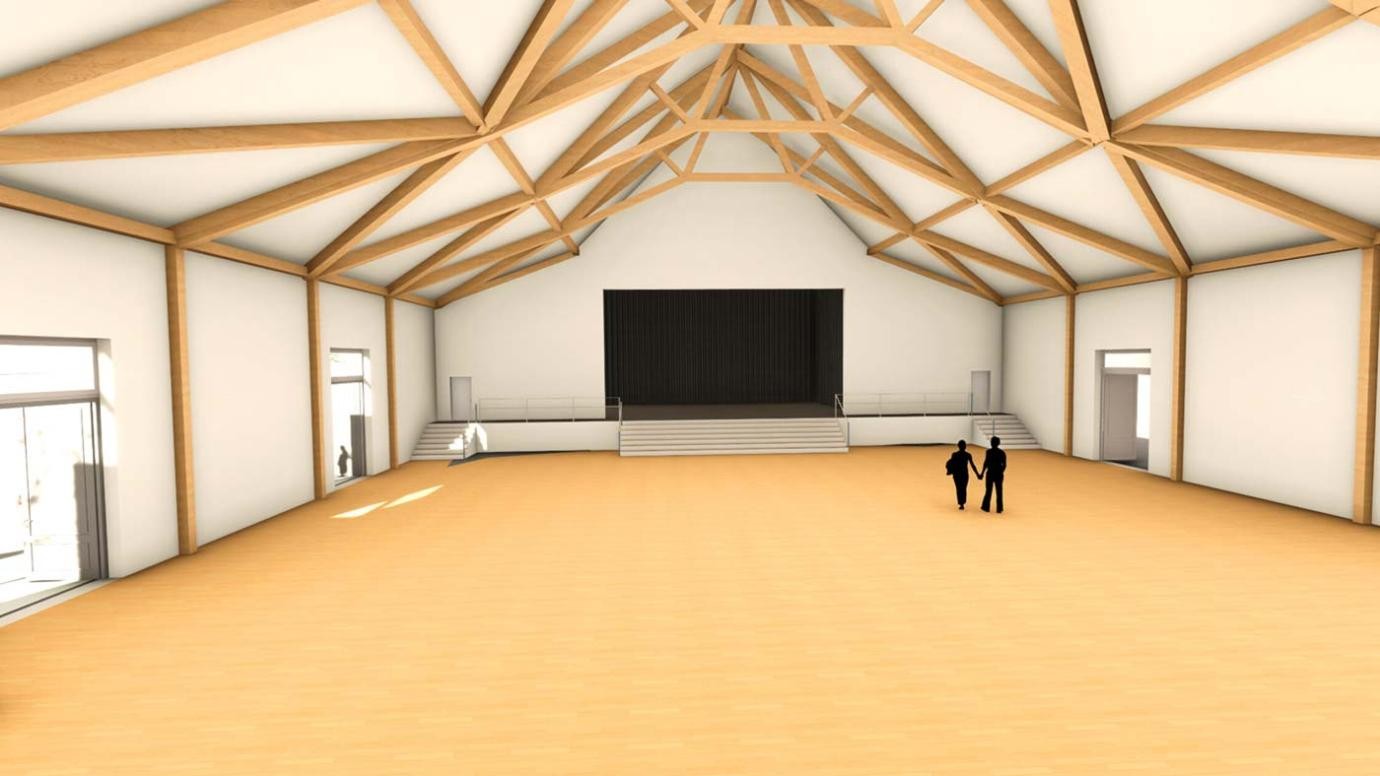 Plandarstellung der neuen Scheffelhalle: Innenansicht mit Blick auf die Bühne