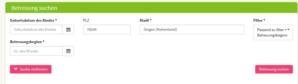 Tragen Sie das Geburtsdatum Ihres Kindes und den gewünschten Betreuungsbeginn ein. Die Stadt Singen (Hohentwiel) ist dabei bereits automatisch vorausgewählt.