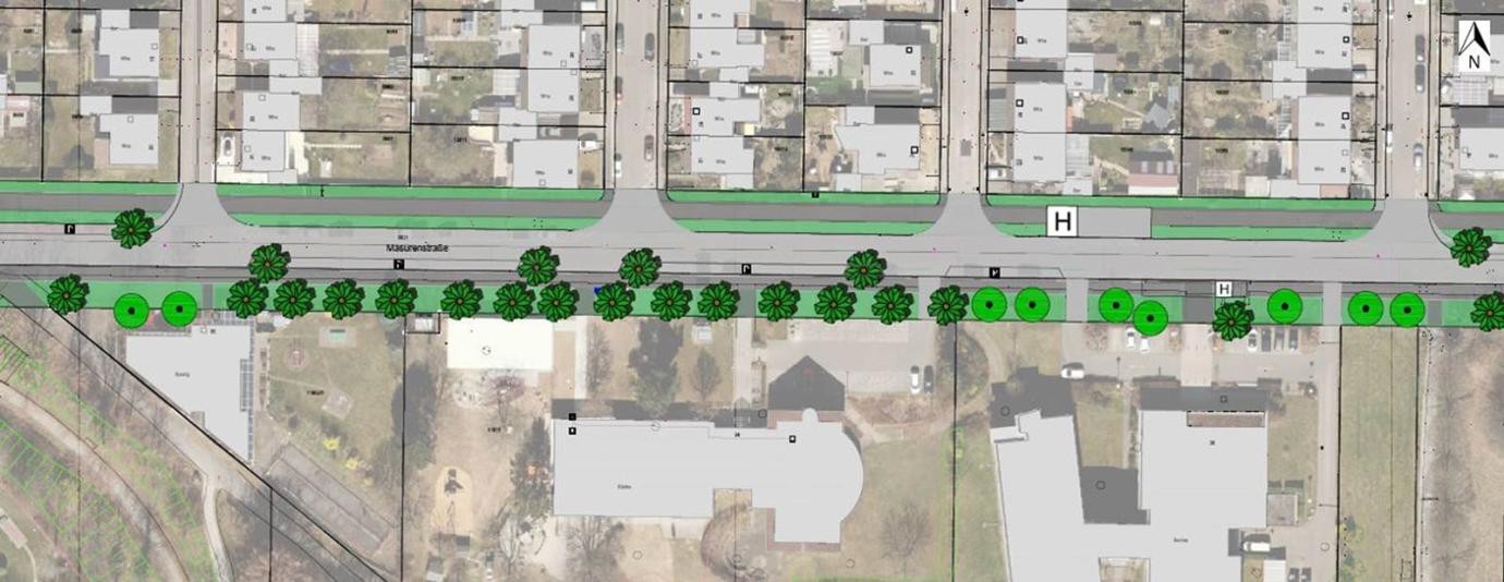 Der Ausschnitt aus dem Gestaltungsplan zeigt, wie ein Teil der Masurenstraße nach der Entsiegelung aussehen könnte.