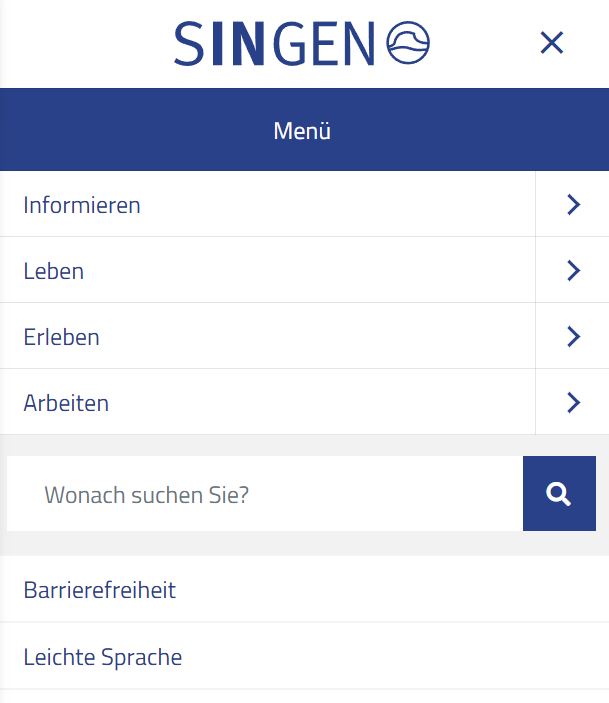 Geöffnetes Menü mit Logo, Inhalt und Suche in der mobilen Ansicht